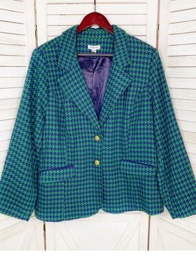 Joan Rivers 22W Green & Blue Houndstooth Blazer elbow patches gold buttons notch